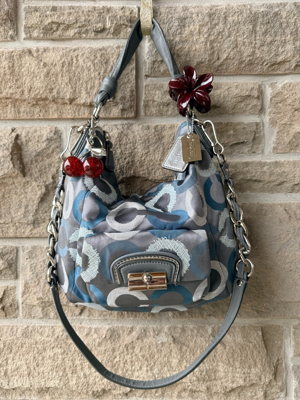 Y2K COACH Poppy 16389 Signature Sateen Hobo Bag Blue Grey Convertible